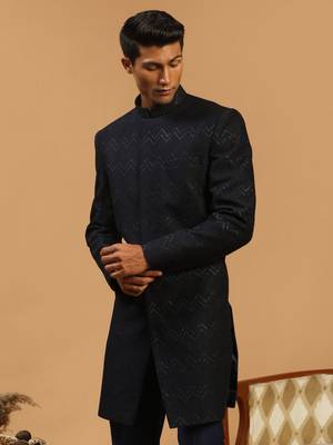 Men'S Navy Blue Silk Blend Sherwani Only Top 2