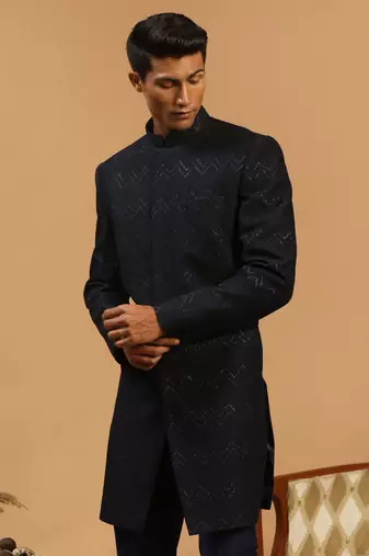 Men'S Navy Blue Silk Blend Sherwani Only Top