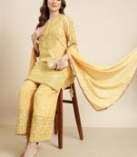 Showoff women's round neck floral yellow straight kurti and palazzos with dupatta
