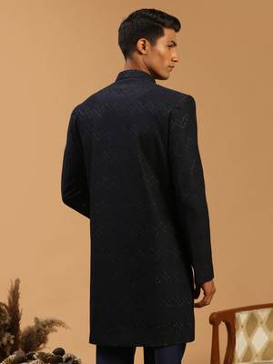 Men'S Navy Blue Silk Blend Sherwani Only Top 3