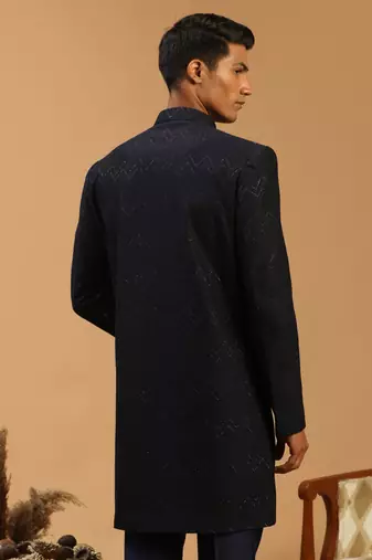Men'S Navy Blue Silk Blend Sherwani Only Top
