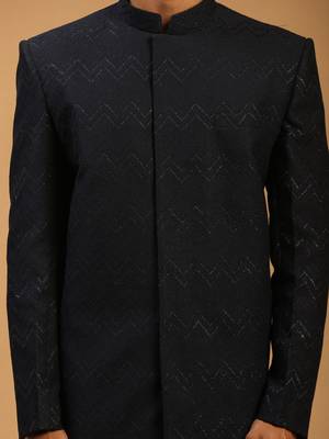 Men'S Navy Blue Silk Blend Sherwani Only Top 4