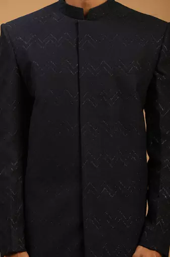 Men'S Navy Blue Silk Blend Sherwani Only Top