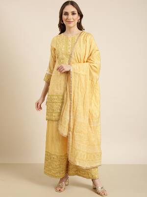 Showoff women's round neck floral yellow straight kurti and palazzos with dupatta 2