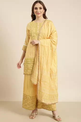Showoff women's round neck floral yellow straight kurti and palazzos with dupatta
