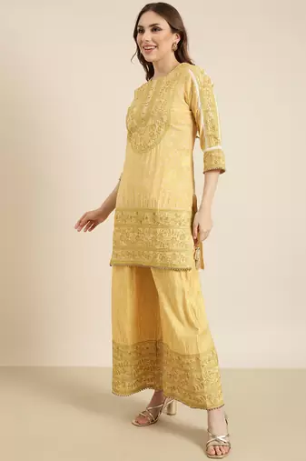 Showoff women's round neck floral yellow straight kurti and palazzos with dupatta