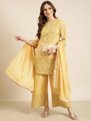 Showoff women's round neck floral yellow straight kurti and palazzos with dupatta 4