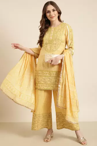 Showoff women's round neck floral yellow straight kurti and palazzos with dupatta
