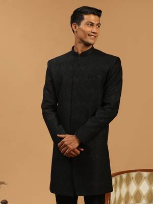 Men'S Black Silk Blend Sherwani Only Top 1