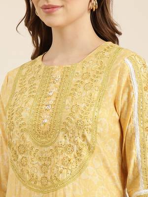 Showoff women's round neck floral yellow straight kurti and palazzos with dupatta 5