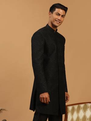 Men'S Black Silk Blend Sherwani Only Top 2