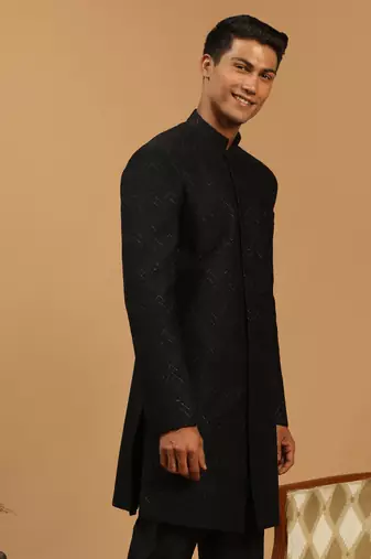 Men'S Black Silk Blend Sherwani Only Top