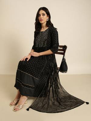 women's round neck printed foil print black a-line kurta and trouser with dupatta 1