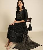 women's round neck printed foil print black a-line kurta and trouser with dupatta
