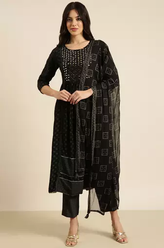 women's round neck printed foil print black a-line kurta and trouser with dupatta
