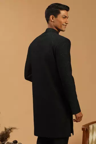 Men'S Black Silk Blend Sherwani Only Top
