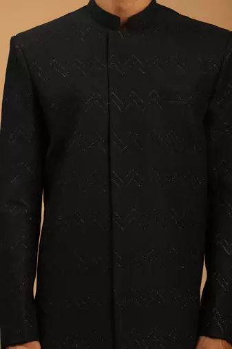 Men'S Black Silk Blend Sherwani Only Top