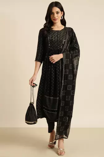 women's round neck printed foil print black a-line kurta and trouser with dupatta