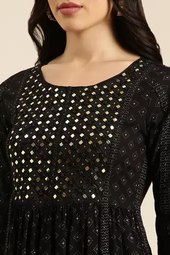 women's round neck printed foil print black a-line kurta and trouser with dupatta