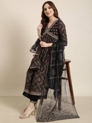 women's v-neck ethnic motifs foil print navy blue a-line kurta and trouser with dupatta 1