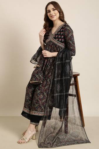 women's v-neck ethnic motifs foil print navy blue a-line kurta and trouser with dupatta