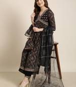 women's v-neck ethnic motifs foil print navy blue a-line kurta and trouser with dupatta