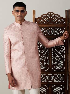 Men'S Peach Silk Blend Sherwani Only Top 1