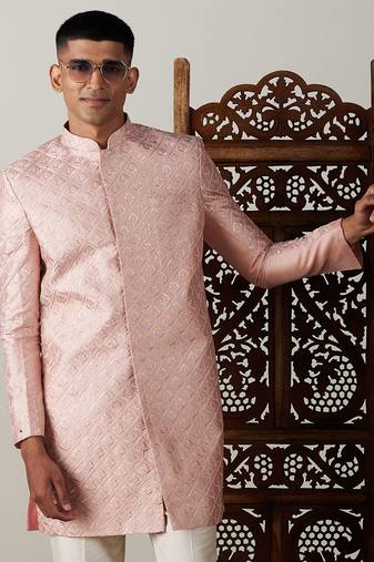 Men'S Peach Silk Blend Sherwani Only Top