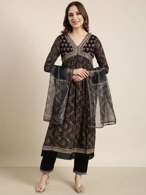 women's v-neck ethnic motifs foil print navy blue a-line kurta and trouser with dupatta 2