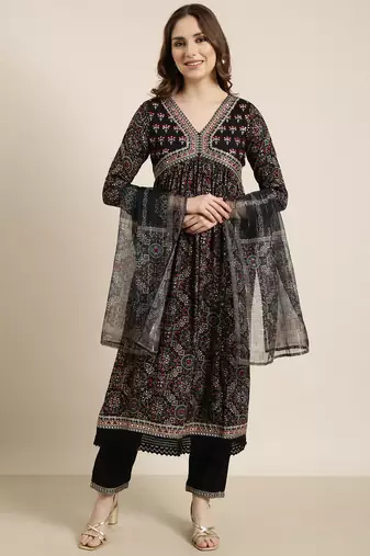 women's v-neck ethnic motifs foil print navy blue a-line kurta and trouser with dupatta