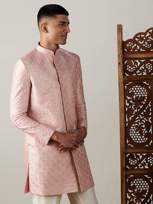 Men'S Peach Silk Blend Sherwani Only Top 2