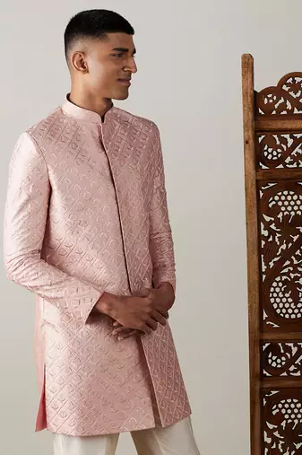 Men'S Peach Silk Blend Sherwani Only Top