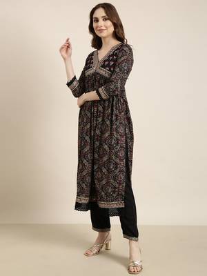 women's v-neck ethnic motifs foil print navy blue a-line kurta and trouser with dupatta 3