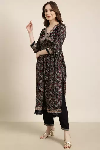 women's v-neck ethnic motifs foil print navy blue a-line kurta and trouser with dupatta