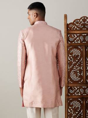 Men'S Peach Silk Blend Sherwani Only Top 3