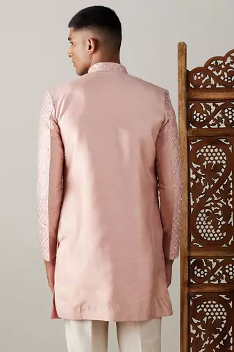 Men'S Peach Silk Blend Sherwani Only Top