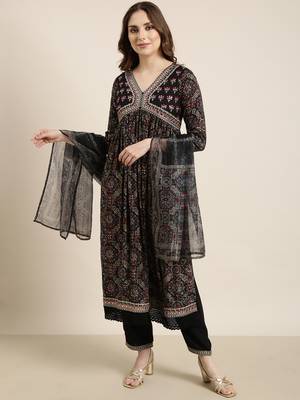 women's v-neck ethnic motifs foil print navy blue a-line kurta and trouser with dupatta 4