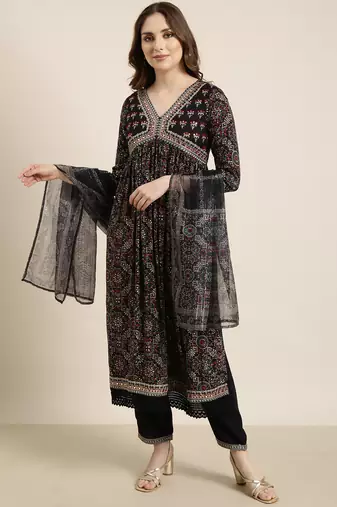 women's v-neck ethnic motifs foil print navy blue a-line kurta and trouser with dupatta