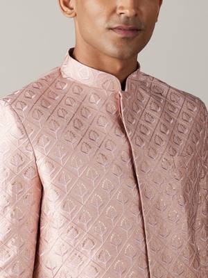 Men'S Peach Silk Blend Sherwani Only Top 4