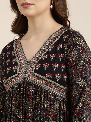 women's v-neck ethnic motifs foil print navy blue a-line kurta and trouser with dupatta 5