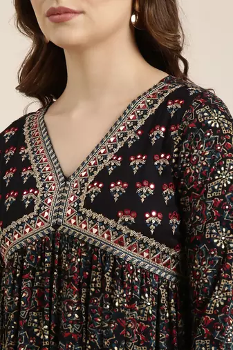 women's v-neck ethnic motifs foil print navy blue a-line kurta and trouser with dupatta