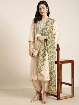 women's round neck solid beige straight kurta and patiala with dupatta 1