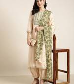 women's round neck solid beige straight kurta and patiala with dupatta