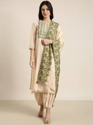 women's round neck solid beige straight kurta and patiala with dupatta 2