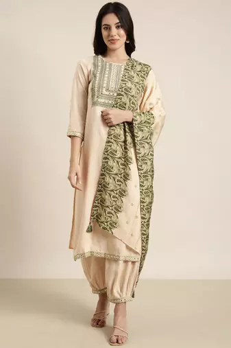 women's round neck solid beige straight kurta and patiala with dupatta