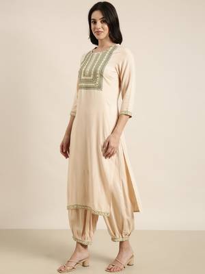 women's round neck solid beige straight kurta and patiala with dupatta 3