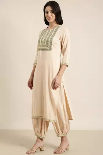 women's round neck solid beige straight kurta and patiala with dupatta