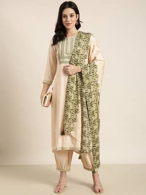 women's round neck solid beige straight kurta and patiala with dupatta 4