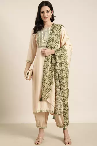 women's round neck solid beige straight kurta and patiala with dupatta