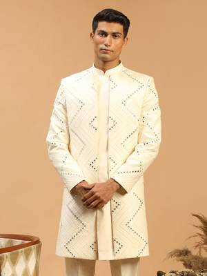 Men'S Cream Viscose Sherwani Only Top 1